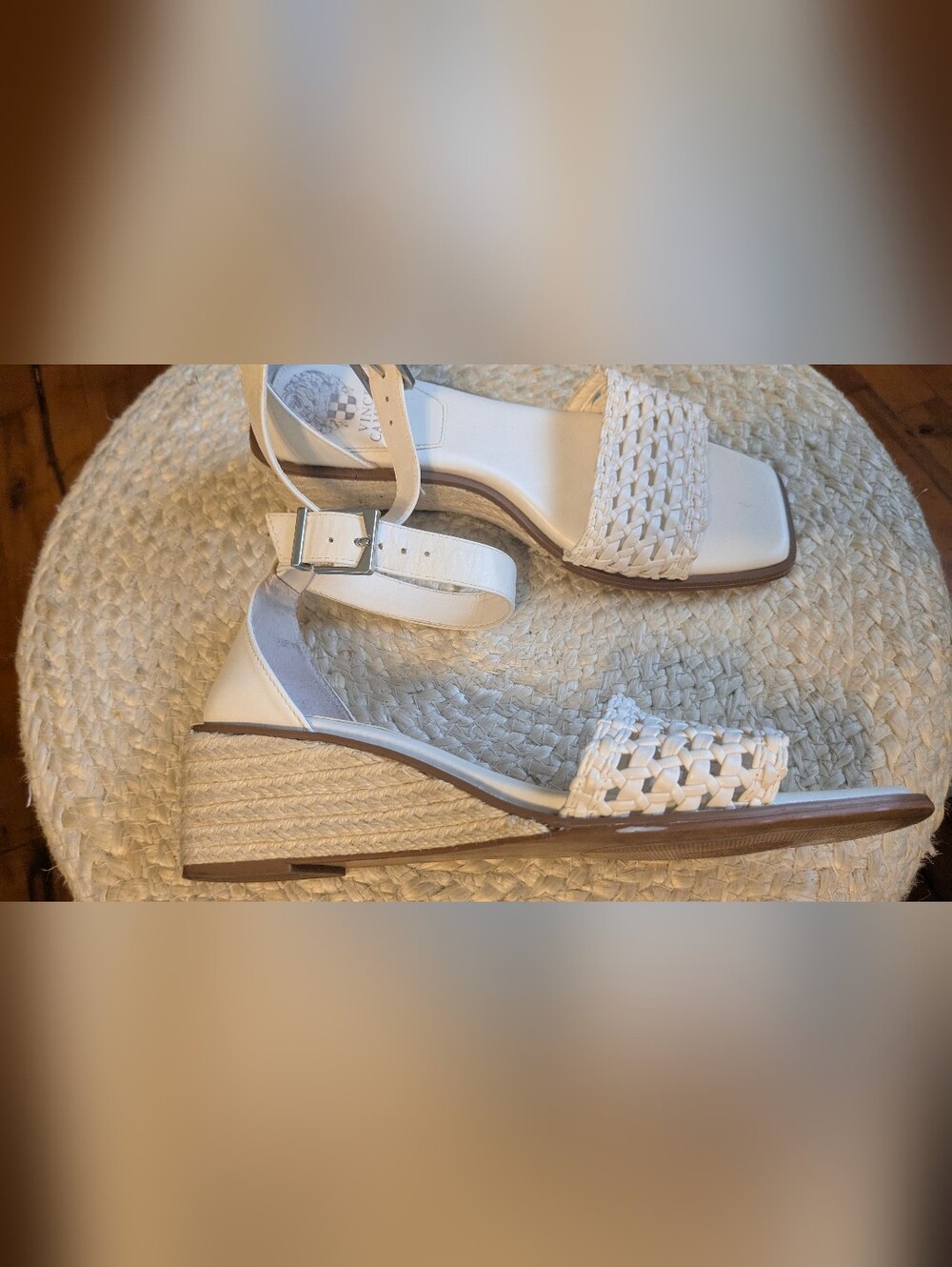 Vince Camuto White Woven Ankle-Strap Wedge Sandals